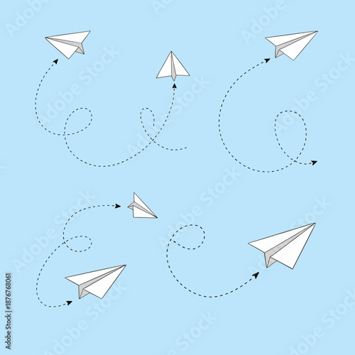 Hand drawn paper planes flying with dashed paths and loops on blue background, concept of travel, message, creativity and startup business