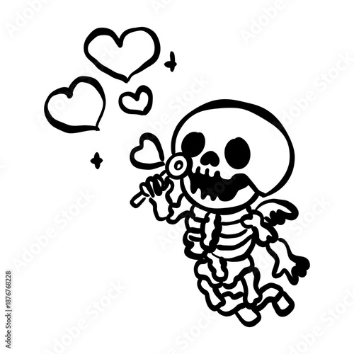 Hand drawn cupid skeleton blowing heart bubbles doodle black and white gothic valentines love illustration spooky romance playful character design