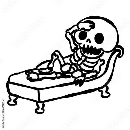 Cute playful skeleton relaxing on a chaise lounge spooky cartoon anatomy illustration for halloween coloring pages gothic humor stickers creepy cute decor and fun skeleton themed artwork