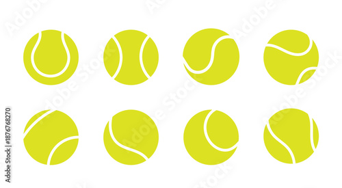 Set of bright tennis ball icons in different views. Simple flat sport symbols for tennis design, app interface, infographic or game elements. Minimal vector illustration isolated on white background.