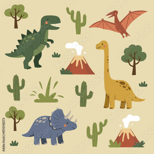 Prehistoric world landscape with cute dinosaurs volcanoes mountains and cactus plants flat vector illustration for kids educational poster design.
