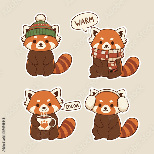 Adorable red panda character set wearing winter clothes holding cocoa and celebrating warmth for seasonal greeting and sticker design projects