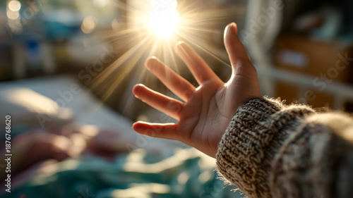 A person's hand reaches up towards a bright, dazzling sunbeam, symbolizing hope and resilience, radiating warmth and positivity.