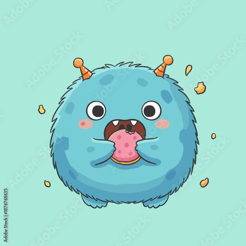 Cute Blue Furry Monster Character Eating a Pink Cookie with Crumbs Flying Around Vector Illustration Isolated on Teal Background