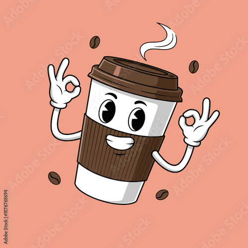 Funny Coffee Cup Cartoon Character with OK Hand Signs and Floating Coffee Beans Representing High Quality Caffeine Concept Vector