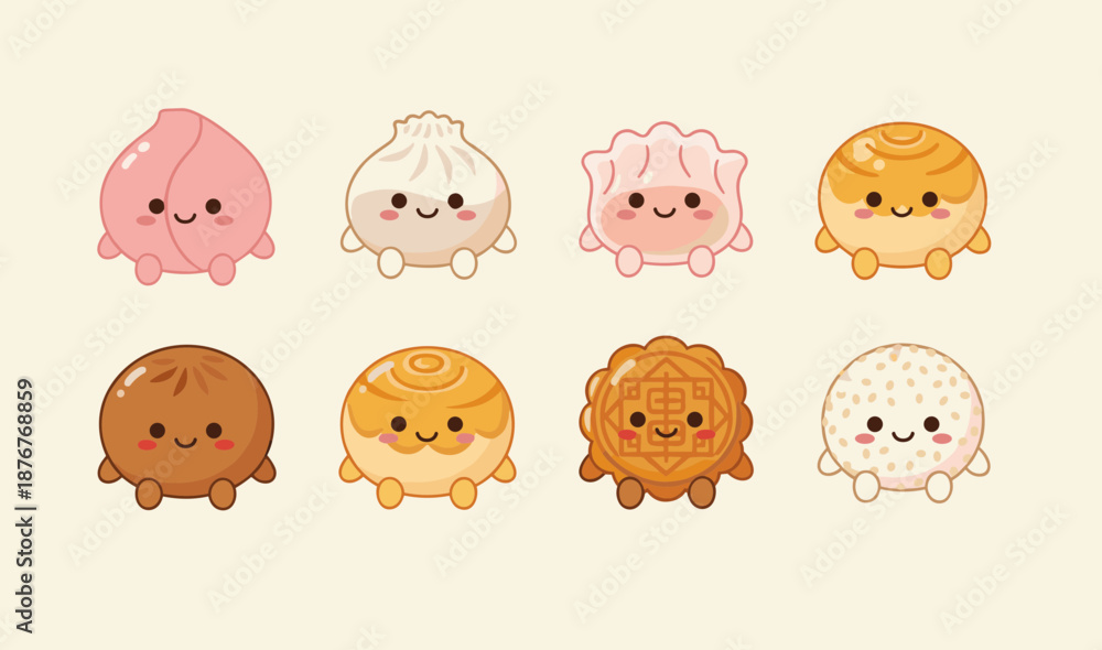 Αυτοκόλλητο Assorted cute dim sum and chinese pastry characters with happy faces including d