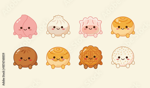 Assorted cute dim sum and chinese pastry characters with happy faces including dumplings mooncake and buns kawaii food vector illustration set