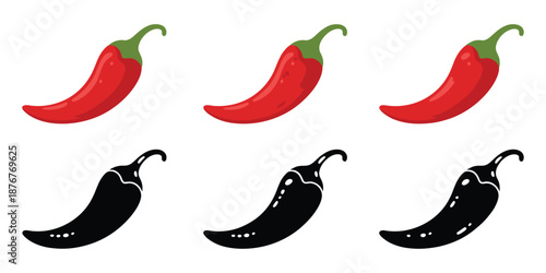 Hot Chili Pepper Icons, bold red and black silhouette vector illustrations representing spicy food heat flavor and culinary warning symbols.