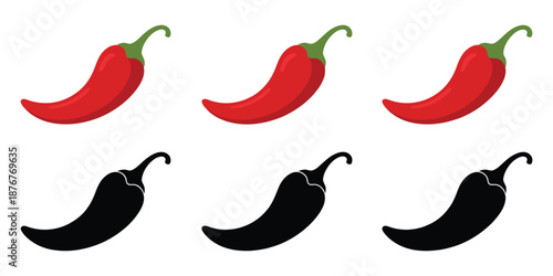 Hot Chili Pepper Icons, bold red and black silhouette vector illustrations representing spicy food heat flavor and culinary warning symbols.
