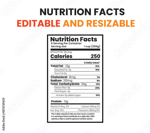Nutrition facts table displayed on a white background with editable and resizable text