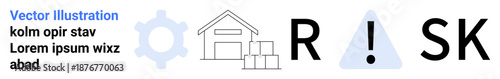 Business strategy, risk identification, logistics security, supply chain management, industrial safety, warehousing. Gear, warehouse, stacked goods and an exclamation mark within a triangle