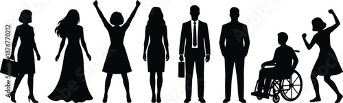 People silhouette group showing men women business wheelchair celebration poses diversity inclusion lifestyle vector illustration isolated background
