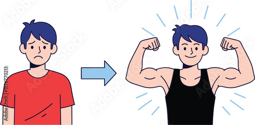 Man body transformation concept showing weak to strong fitness progress before and after in flat vector illustration