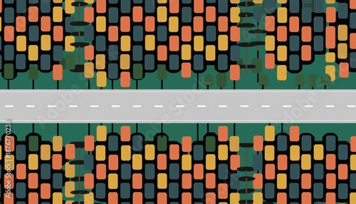 Stylized Autumn Road Illustration with Colorful Shapes