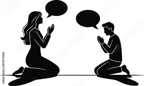 Praying people silhouette showing man and woman kneeling with speech bubbles prayer religion faith spiritual vector illustration isolated background