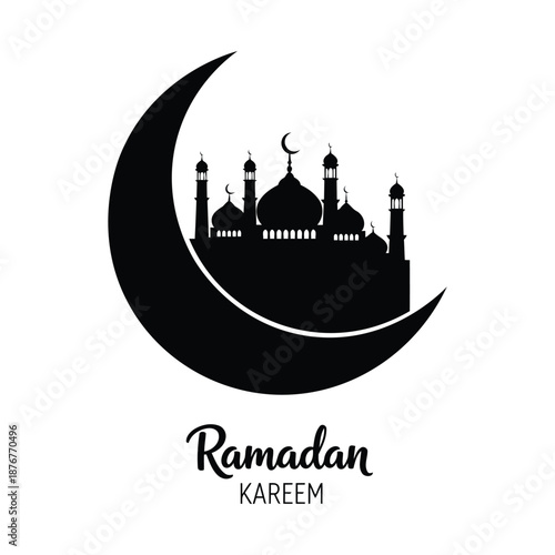 Ramadan Kareem greeting with mosque silhouette inside a crescent moon on white background