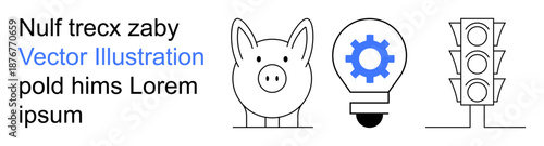Financial planning, innovation, traffic systems, technology, productivity, resource management. Piggy bank, gear and lightbulb traffic light icons in simple lines. Financial planning and innovation