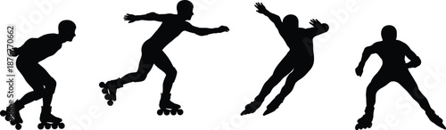 Roller skating silhouette set showing skating balancing turning action poses extreme sport fitness people vector illustration isolated background
