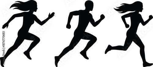 Running people silhouette set showing male and female jogger sprint poses fitness sport exercise human vector illustration isolated background