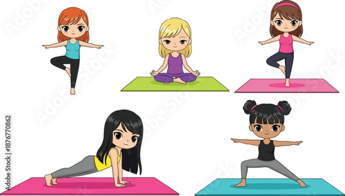 Cute kids yoga and exercise character set showing healthy poses balance and flexibility in flat vector illustration