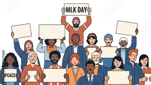 Diverse group of people holding protest signs with MLK Day message in a vibrant, activist-themed illustration with a strong social justice mood.