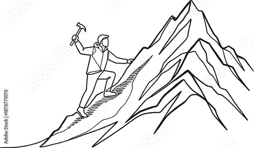 Continuous line drawing of mountain climber with ice axe reaching summit minimalist vector illustration for adventure achievement and success concept