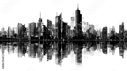 Abstract Black and White City Skyline with Reflection - Modern Urban Architecture Silhouette Panorama for Design