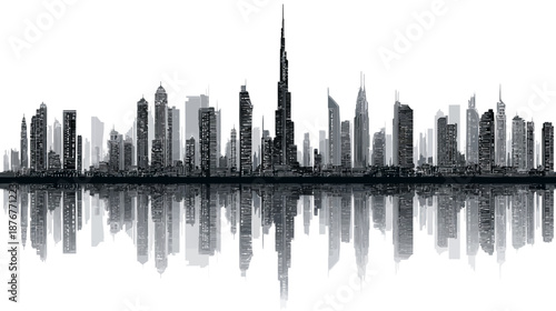 Abstract urban skyline silhouette with tall buildings and water reflection, monochromatic architectural illustration