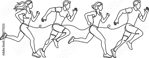 Continuous line drawing of four athletes running together in marathon minimalist vector illustration for sports competition fitness and healthy lifestyle