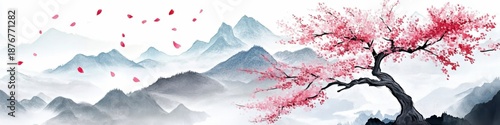 Cherry blossom tree with pink petals in a serene landscape, surrounded by majestic mountains and mist, creating a tranquil and harmonious nature scene