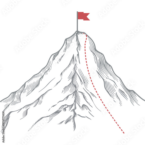 Mountain Climbing Route Vector, abstract polygon line illustration of climbing path to top rock with summit flag for business success concept.