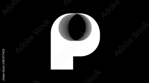 Minimalist black and white uppercase letter P with abstract circular optical illusion