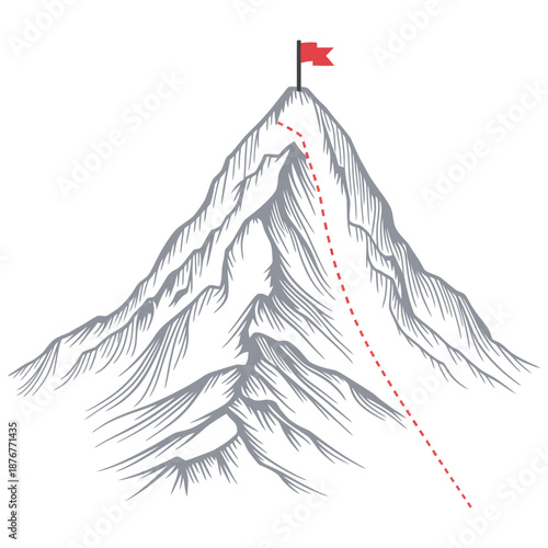 Mountain Climbing Route Vector, abstract polygon line illustration of climbing path to top rock with summit flag for business success concept.