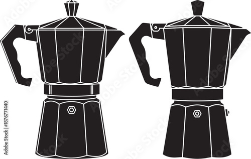 Set of black and white silhouettes of traditional Italian moka express coffee makers for stovetop espresso brewing.