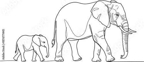 Continuous line drawing of mother and baby elephant walking together minimalist vector illustration for wildlife conservation and family animal concept