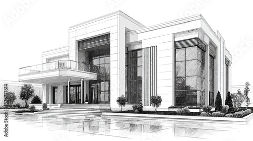 Modern architectural sketch of a contemporary building exterior. Hand-drawn illustration of a stylish commercial property design.