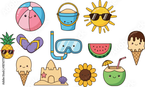 Cute summer vacation icon set with beach toys fruits ice cream and sunny elements in flat cartoon vector illustration