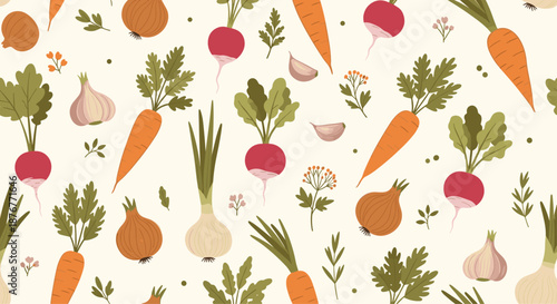 Hand drawn seamless pattern featuring fresh root vegetables like carrots, radishes, onions, and garlic on a light cream background.