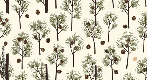 Natural seamless pattern with tall pine tree silhouettes and scattered pine cones on a light neutral background for rustic decor.