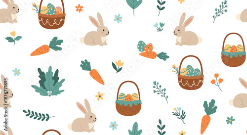 Charming Easter themed seamless pattern featuring cute bunnies, woven egg baskets, and carrots on a clean white background.