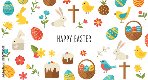 Festive easter holiday elements collection featuring cute bunnies, chicks, colorful decorated eggs, baskets, and spring flowers on a white base.