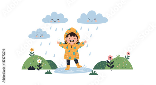 Cheerful illustration of a little girl in a yellow raincoat and boots jumping in a puddle during a rainy day with cute clouds and flowers.