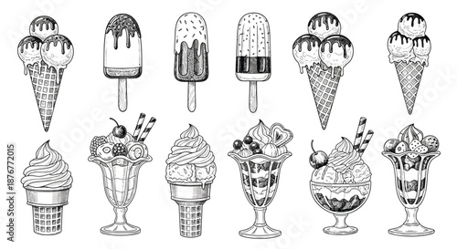 Collection of hand drawn ice cream illustrations including cones, popsicles, and decadent sundaes in glass bowls rendered in black and white ink.