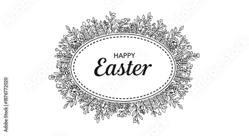Botanical happy easter greeting card featuring a delicate hand drawn floral wreath in an oval frame with elegant typography on a white background.