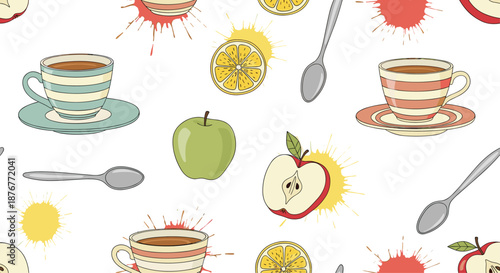 Whimsical tea time seamless pattern featuring colorful striped teacups, sliced apples, lemons, and spoons with vibrant watercolor paint splatters.