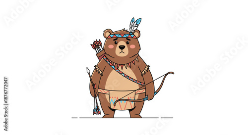 Cute cartoon grizzly bear character dressed as a native american warrior with a feather headband, bow, and quiver of arrows on white.