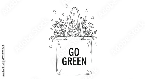 Environmental sustainability illustration featuring a reusable tote bag filled with flowers and the go green slogan in black and white line art.