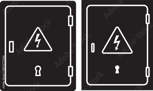 High voltage electrical panel and breaker box silhouettes with danger lightning symbol and keyhole, industrial safety concept.