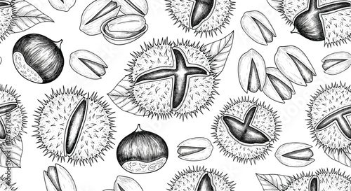 Classic vintage seamless pattern featuring detailed hand drawn chestnuts in spiky husks and opened pistachios in a black and white ink style.