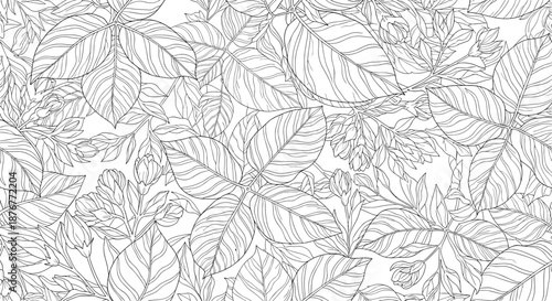 Intricate coffee plant leaves and berries line art seamless pattern showing detailed botanical sketches for a natural cafe background.